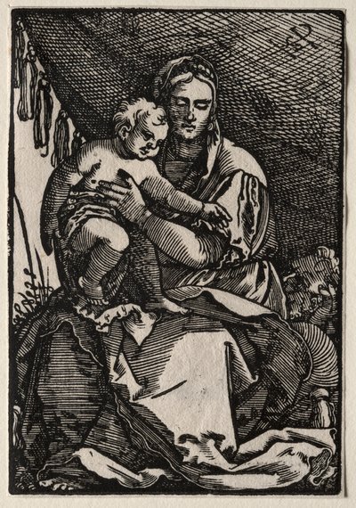 Den heliga familjen under ett tält. av Hans Sebald Beham