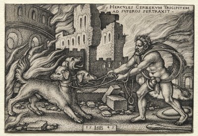 The Labors of Hercules: Hercules som drar Cerberus från underjorden av Hans Sebald Beham