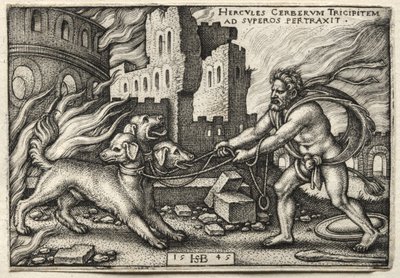 The Labors of Hercules: Hercules som drar Cerberus från underjorden av Hans Sebald Beham