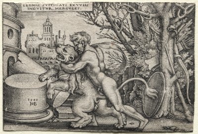 The Labours of Hercules: Hercules Stranling the Nemean Lion av Hans Sebald Beham