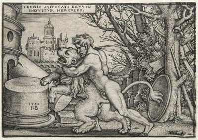 The Labours of Hercules: Hercules Stranling the Nemean Lion av Hans Sebald Beham