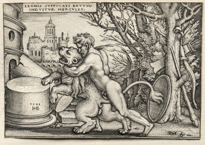 The Labours of Hercules: Hercules Strangling the Nemean Lion, 1548. av Hans Sebald Beham