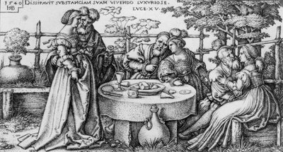 Den förlorade sonen slösar bort sin förmögenhet, från serien "Den förlorade sonens historia" av Hans Sebald Beham
