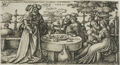 The Prodigal Son Wasting his Fortune, tallrik två från The History of the Prodigal Son av Hans Sebald Beham