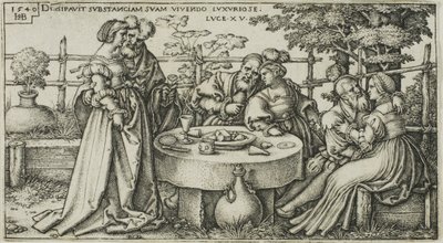 The Prodigal Son Wasting his Fortune, tallrik två från The History of the Prodigal Son av Hans Sebald Beham