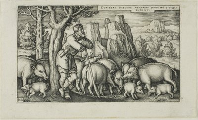 Den förlorade sonen med svinet, tallrik tre från The History of the Prodigal Son av Hans Sebald Beham