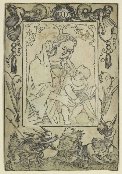 Jungfrun och barnet omgiven av en bård med en jägare och några kaniner (träsnitt, överarbetat i akvarell, tryckt på pergament) av Hans Sebald Beham