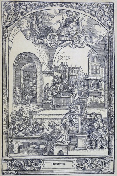 Planeten Merkurius och konstnärer, forskare och tekniker, c1535 (gravyr) av Hans Sebald Beham