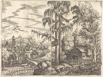 Landskap med utsikt över en bondstuga och en stad nära en flod, 1551. av Hans Sebald Lautensack
