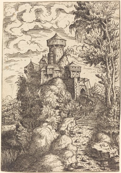Landskap med fästning och stor trappa, 1554. av Hans Sebald Lautensack