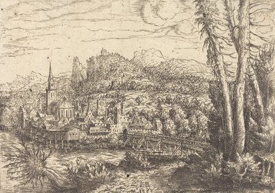 Utsikt över en stad nära en flod, 1553. av Hans Sebald Lautensack