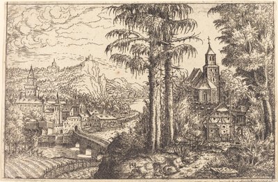 Utsikt över en stad nära en flod med en kyrka till höger, 1553. av Hans Sebald Lautensack