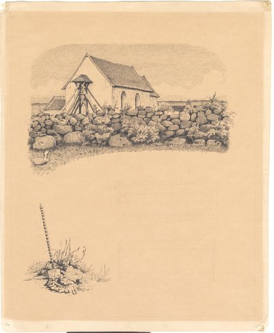 Illustration för St. St. Bleachers: "Mowns". F.o.: kyrka bakom stenar; f.n.: gravplats (?) med spade av Hans Smidth
