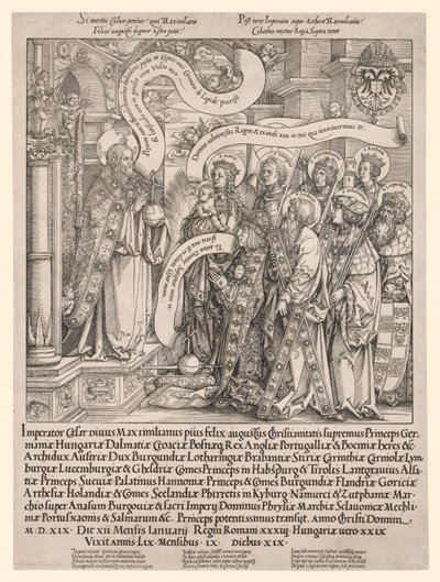 Kejsaren Maximilian presenteras av sina skyddshelgon till den Allsmäktige av Hans Springinklee
