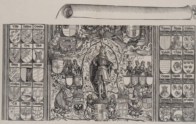 Den övre delen av Maximilians släktforskning, med den högra kanten av rullen för ..., 1515. av Hans Springinklee
