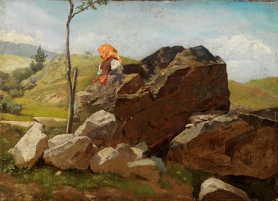 Stenblock med en sittande bondflicka av Hans Thoma
