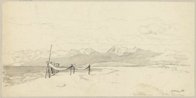 Fragment av havskusten nära Livorno med fisknät utspända på stranden av Hans Thoma