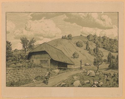 Lantligt landskap med en vandrare från trakten kring Happach i Schwarzwald av Hans Thoma
