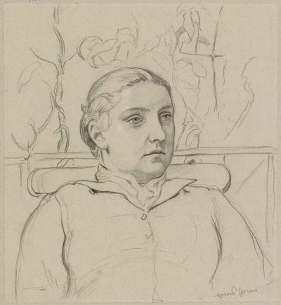 Porträtt av konstnärens hustru i form av en byst, sittande på en bänk med grönska i bakgrunden av Hans Thoma