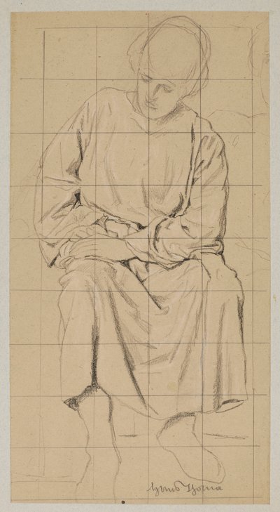 Studie av en sittande figur i en lång mantel av Hans Thoma
