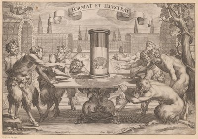Satyrer kring en anamorfos av en elefant Format et Illustrat (titel på objekt) av Hans Troschel