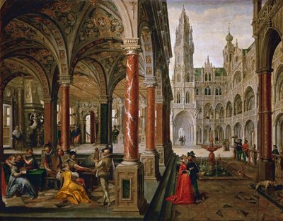 Palats med musiker - Hans Vredeman de Vries (Jan de Vriese ou Friedman de Frise) (1526-1606). olja på duk av Hans Vredeman de Vries