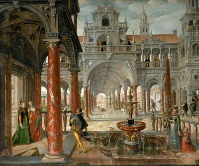 Ett palats med förnäma besökare - Palats med förnäma besökare - Hans Vredeman de Vries (Jan de Vriese eller Friedman av Friesland) (1526-1606). Olja på duk, ca. 1596. Storlek: 137x164 cm. Konsthistoriska museet, Wien av Hans Vredeman de Vries