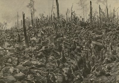 Tyskt angrepp på franska blockhus och skyttegravar i Bois-le-Pretre efter artilleribombardementet den 5 juli 1915 (litho) av Hans W. (after) Schmidt
