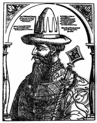 Porträtt av Ivan IV den förskräcklige (1533 - 1584), rysk tsar. Xylografi av Hans Weygel. av Hans Weigel