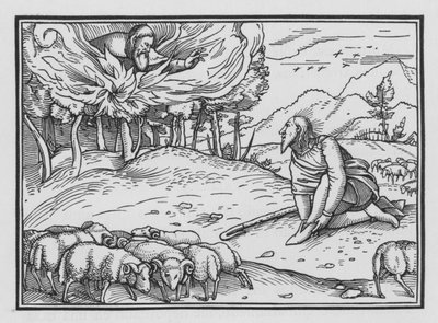 Gud visar sig för Moses i en brinnande buske, Exodus III, 5 av Hans after Holbein the Younger