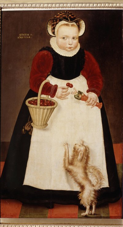 ""Porträtt av en liten flicka som håller en korg med körsbär och en liten docka"" (Porträtt av en ung flicka) Hon bär en jordgubbskrage Målning av Hans Bock den äldre (cirka 1550-1623) 1584 Pushkin Museum, Moskva av Hans the Elder Bock
