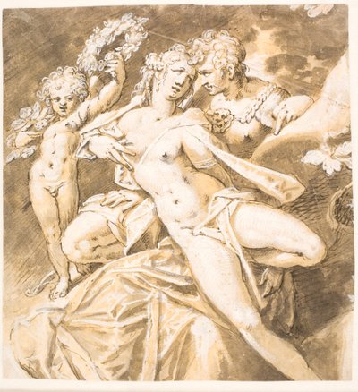 Danska: Mars smeker Venus; vänster. en Amor som ger henne en krans av Hans von Aachen