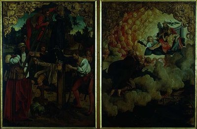 Berättelser om S.S. Petrus och Paulus altartavla: detalj som visar Petrus korsfästelse i LtoR och Paulus uppstigning till himlen (olja på panel) (detalj) av Hans von Klumbach