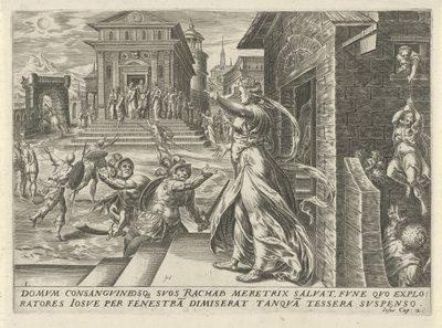 Rahab låter spionerna fly genom fönstret The History of Joshua (serietitel) av Harmen Jansz Muller