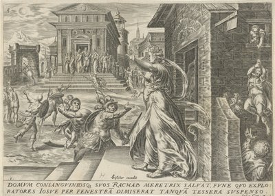 Rahab låter spionerna fly genom fönstret The History of Joshua (serietitel) av Harmen Jansz Muller