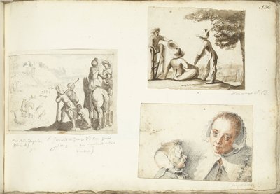 Jägare med falkar, herdepojkar och fru och barn av Harmen ter Borch