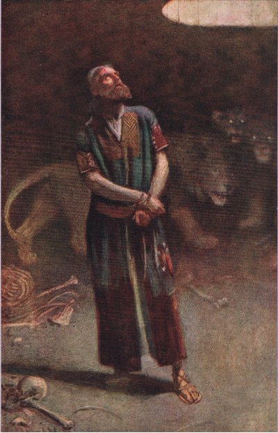 Daniel i lejonhålan, illustration från Pictures That Teach The Crown Series, 1920 av Harold Copping