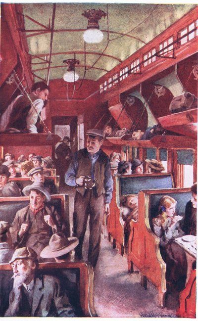 Interiör från ett kanadensiskt emigranttåg ca 1900 (färglitografi) av Harold Copping