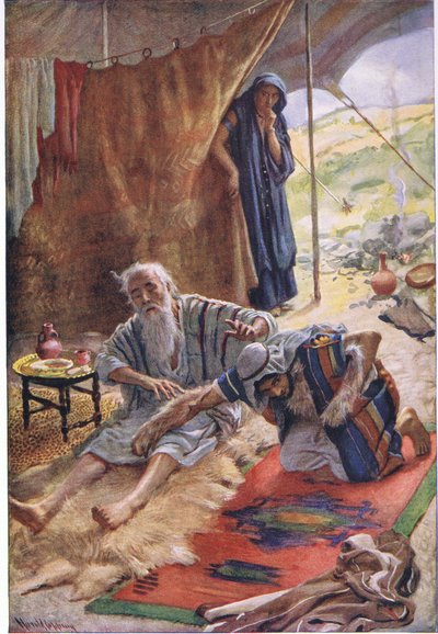 Isak välsignar sin son Jacob, illustration från Pictures That Teach The Crown Series, 1920 av Harold Copping
