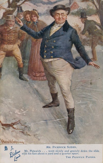 Mr Pickwick glider på isen, scen från Charles Dickens roman The Pickwick Papers (lito i färg) av Harold Copping