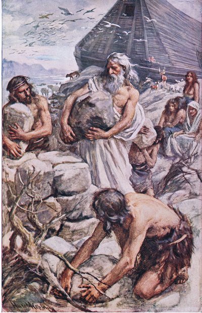 Noah bygger sitt altare, illustration från Pictures That Teach The Crown Series, 1920 av Harold Copping