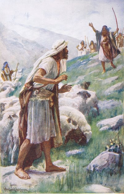 Mötet mellan Jakob och Esau, illustration från "Pictures That Teach The Crown Series". av Harold Copping