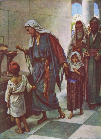Den fattiga kvinnans gåva, illustration från Harold Copping Pictures: The Crown Series, ca 1920-talet av Harold Copping