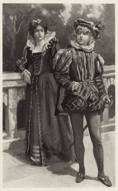Viola skyndade från sin närvaro och hotade att aldrig mer komma för att vädja om Orsinos kärlek av Harold Copping