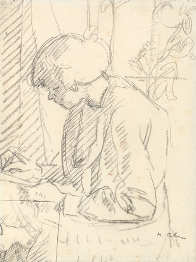 En flicka som skriver (svart krita på papper) av Harold Gilman