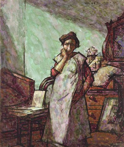 Interiör med Mrs Mounter i en overall, 1 december 1918 av Harold Gilman
