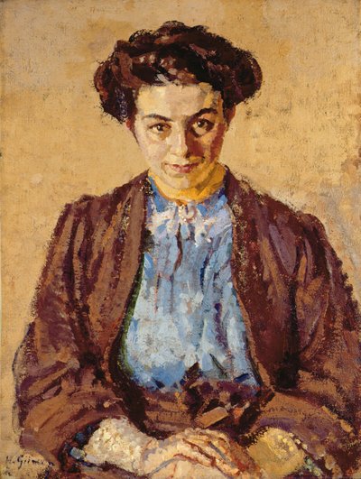 Den blå blusen, porträtt av Elene Zompolides (1880-1958) (olja på duk) av Harold Gilman