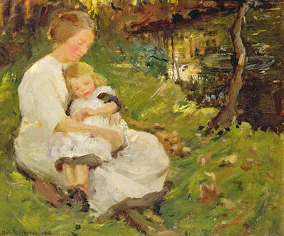 Mor och barn i ett skogslandskap av Harold Harvey