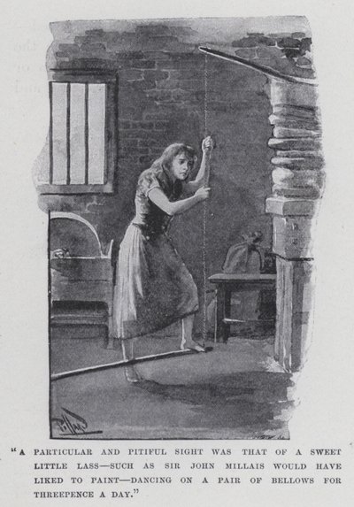 "En speciell och ynklig syn var den av en söt liten tjej, som Sir John Millais skulle ha velat måla, dansa på ett par bälgar för tre pence om dagen" (s/v foto) av Harold Hume Piffard