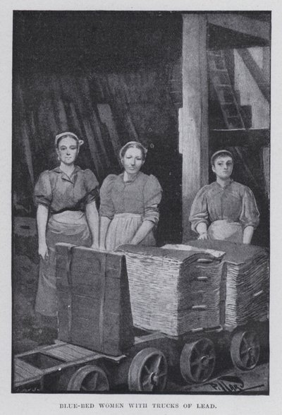 Kvinnor med blå säng med lastbilar av bly (s/v foto) av Harold Hume Piffard